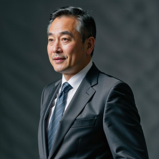五十岁左右中年男性半身照,穿深灰色正装西服,系藏青色领带,戴金属细框眼镜,神态沉稳专业,浅灰色纯色背景,影棚灯光