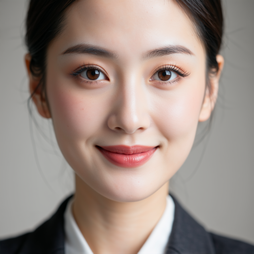 四十岁左右中年女性半身照,穿白色职业衬衫,黑色头发盘起,面带温和微笑,米白色背景,柔和自然光